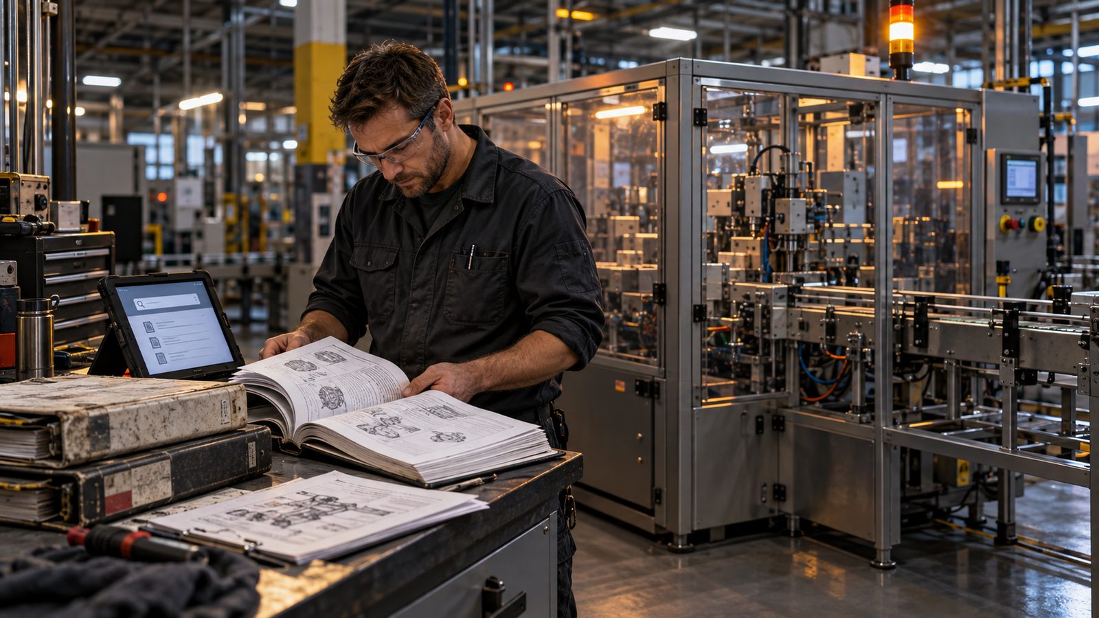 A maintenance technician at a workbench paging through a thick equipment manual beside a tablet, with an automated assembly cell behind him