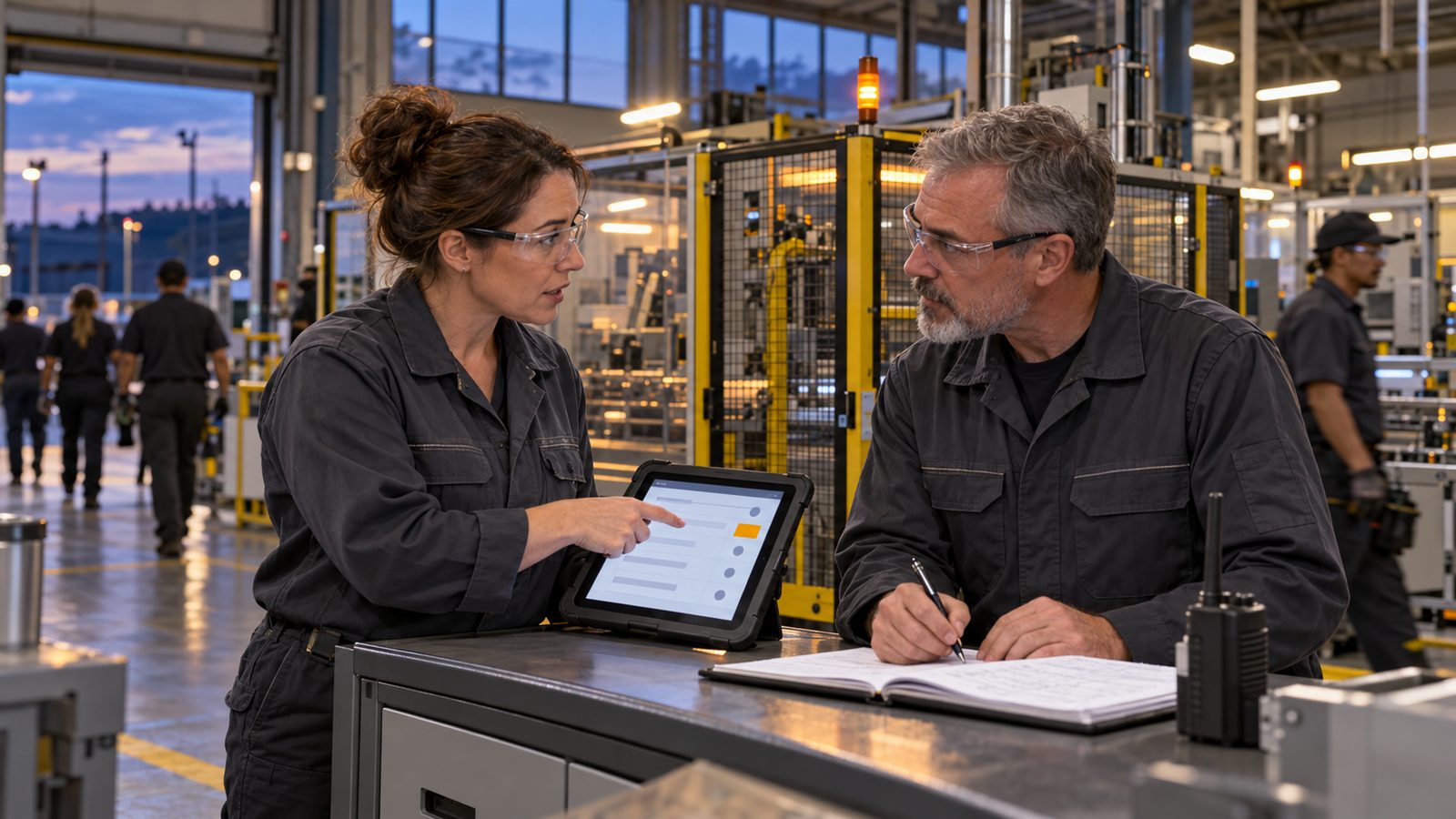 Two shift supervisors at a plant-floor desk during an evening handover, one pointing to open items on a tablet while the other writes in a logbook