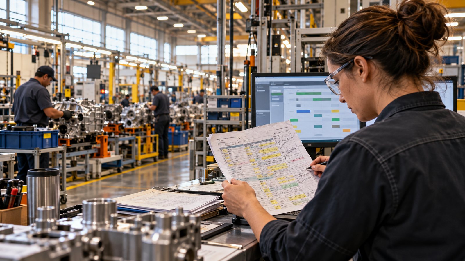 A production engineer on a plant floor comparing a hand-annotated printed spreadsheet against a schedule on screen