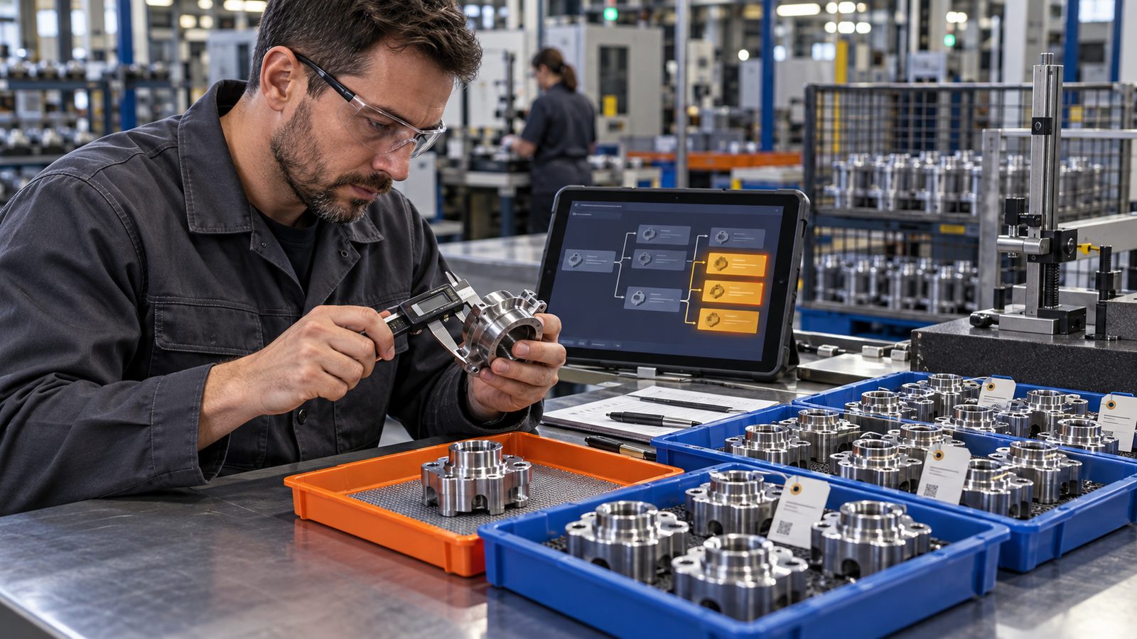 A quality inspector measuring a machined part with digital calipers beside an orange hold tray, tagged blue bins of parts and a tablet showing a part-history trace